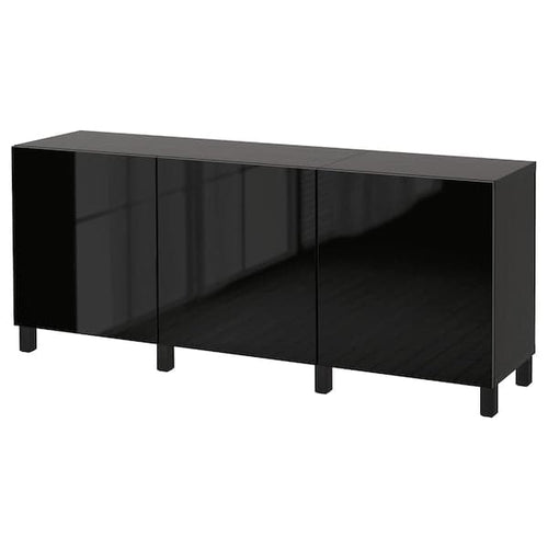 BESTÅ - Storage combination with doors, black-brown/Selsviken/Stubbarp high-gloss/black, 180x42x74 cm