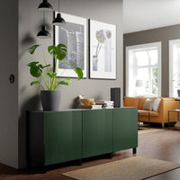 BESTÅ - Storage combination with doors, black-brown Selsviken/Stubbarp/high-gloss dark olive-green, 180x42x74 cm - best price from Maltashopper.com 49421725