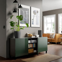 BESTÅ - Storage combination with doors, black-brown Selsviken/Stubbarp/high-gloss dark olive-green, 180x42x74 cm - best price from Maltashopper.com 49421725