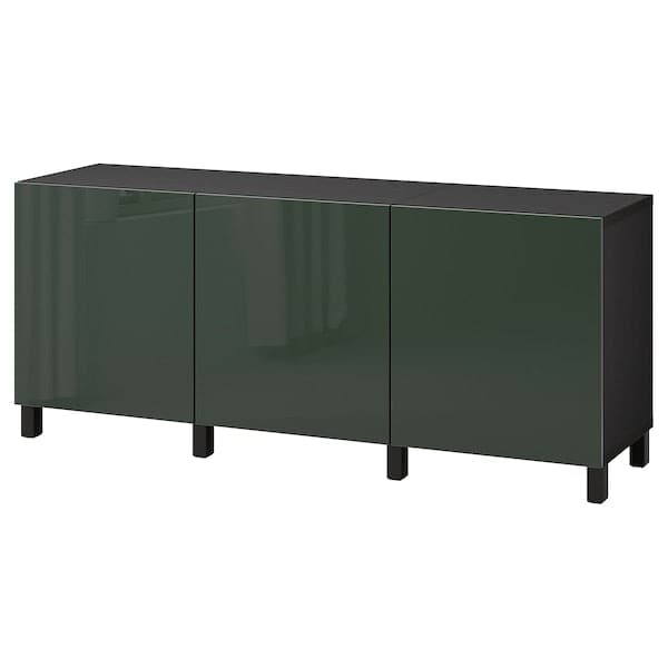 BESTÅ - Storage combination with doors, black-brown Selsviken/Stubbarp/high-gloss dark olive-green, 180x42x74 cm