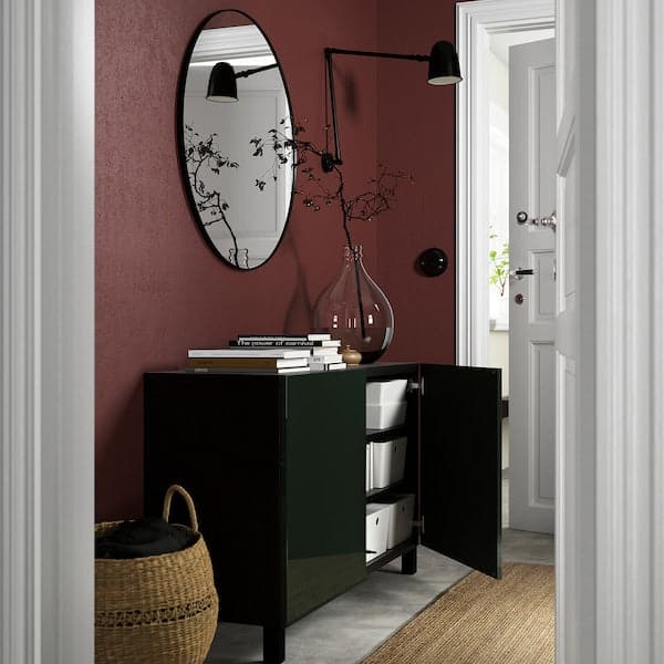 Ikea BESTÅ - Storage combination with doors, black-brown Selsviken/Stubbarp/high-gloss dark olive-green, 120x42x74 cm