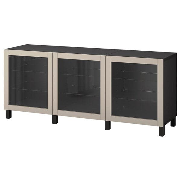 BESTÅ - Storage combination with doors, black-brown Sindvik/Stubbarp/light grey-beige clear glass, 180x42x74 cm