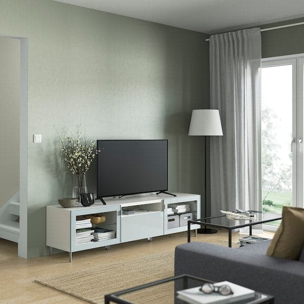 Ikea BESTÅ - TV bench, white Glassvik/Selsviken/Ösarp light grey-blue, 180x42x48 cm