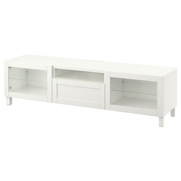 BESTÅ - TV bench, white/Hanviken/Stubbarp white clear glass, 180x42x48 cm - best price from Maltashopper.com 69398936