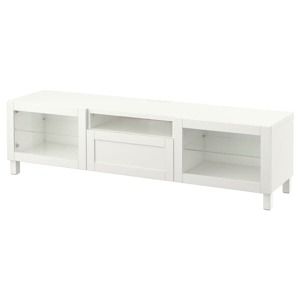 Ikea BESTÅ - TV bench, white/Hanviken/Stubbarp white clear glass, 180x42x48 cm