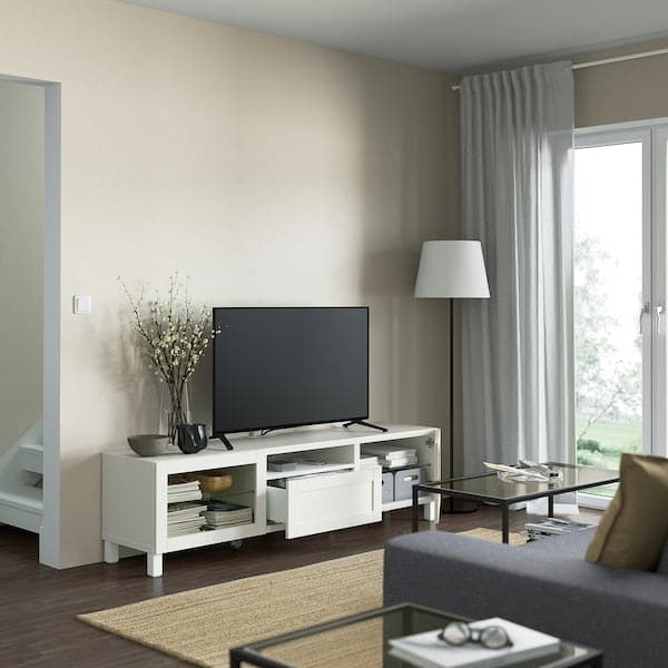 Ikea BESTÅ - TV bench, white/Hanviken/Stubbarp white clear glass, 180x42x48 cm
