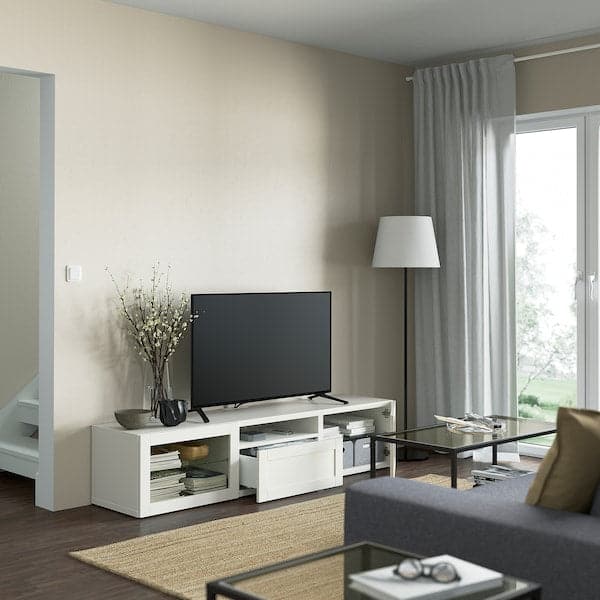 Ikea BESTÅ - TV bench, white/Hanviken white clear glass, 180x42x39 cm