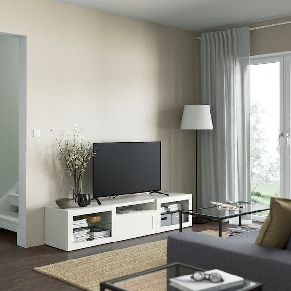 BESTÅ - TV bench, white/Hanviken white clear glass, 180x42x39 cm - best price from Maltashopper.com 09398920