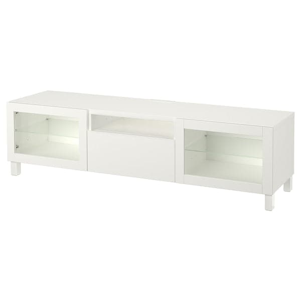 Ikea BESTÅ - TV bench, white/Lappviken/Stubbarp white clear glass, 180x42x48 cm