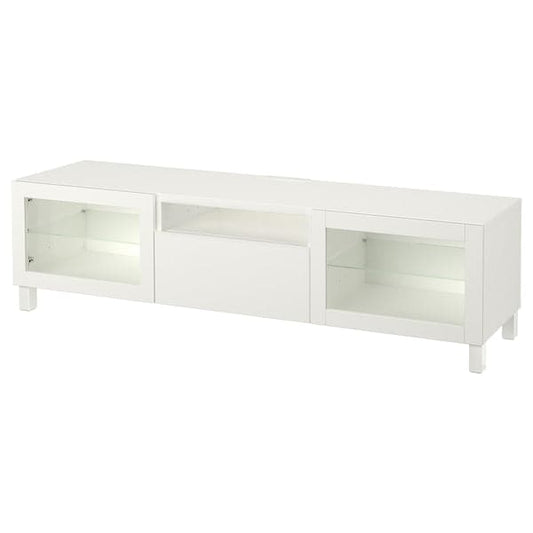 Ikea BESTÅ - TV bench, white/Lappviken/Stubbarp white clear glass, 180x42x48 cm
