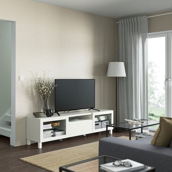 Ikea BESTÅ - TV bench, white/Lappviken/Stubbarp white clear glass, 180x42x48 cm