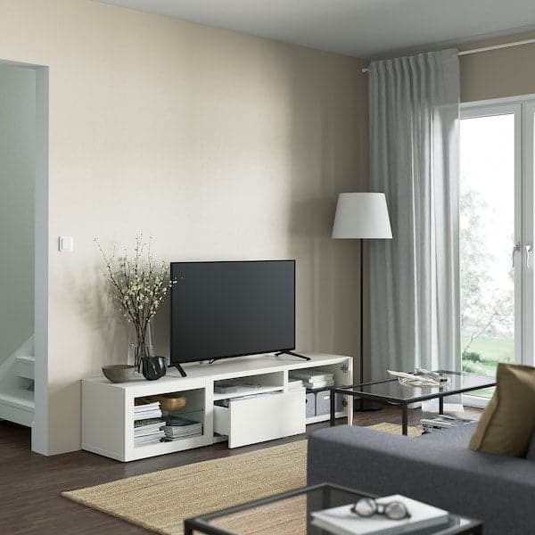 BESTÅ - TV bench, white/Lappviken white clear glass, 180x42x39 cm - best price from Maltashopper.com 79329339