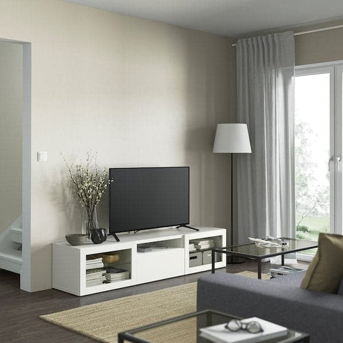 BESTÅ - TV bench, white/Lappviken white clear glass, 180x42x39 cm