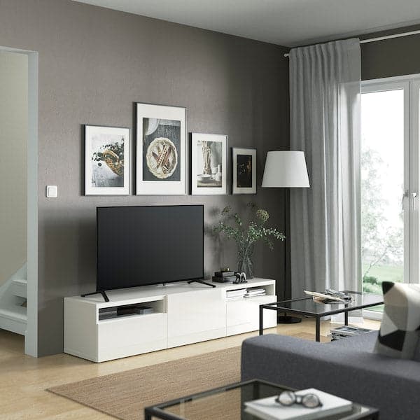 BESTÅ - TV bench, white/Selsviken high-gloss/white, 180x42x39 cm - best price from Maltashopper.com 79328599