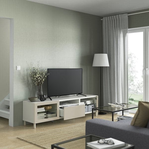 Ikea BESTÅ - TV bench, white Sindvik/Lappviken/Mejarp light grey/beige, 180x42x48 cm