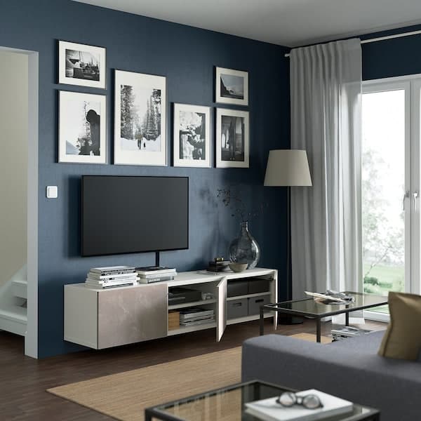Ikea BESTÅ - TV cabinet with doors, white/Bergsviken beige, , 180x42x38 cm