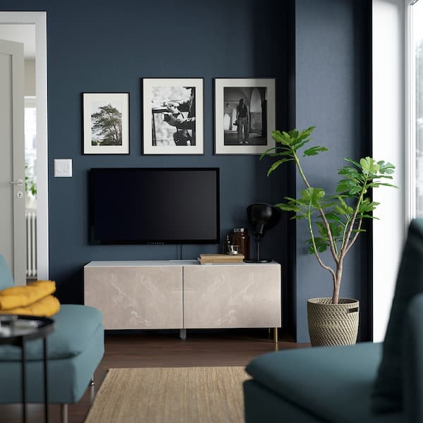 Ikea BESTÅ - TV cabinet with doors, white/Bergsviken/Ösarp beige, , 120x42x48 cm