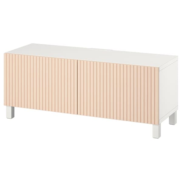 BESTÅ - TV bench with doors, white Björköviken/Stubbarp/birch veneer, 120x42x48 cm