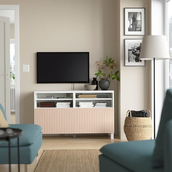 Ikea BESTÅ - TV bench with doors, white/Björköviken/Stubbarp birch veneer, 120x42x74 cm