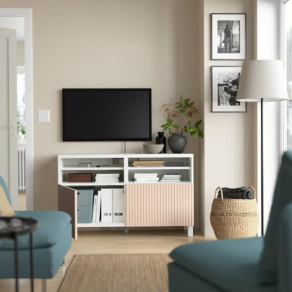 Ikea BESTÅ - TV bench with doors, white/Björköviken/Stubbarp birch veneer, 120x42x74 cm