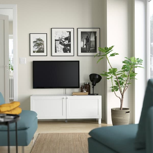 BESTÅ - TV bench with doors, white Hanviken/Stubbarp/white, 120x42x48 cm - best price from Maltashopper.com 09419437