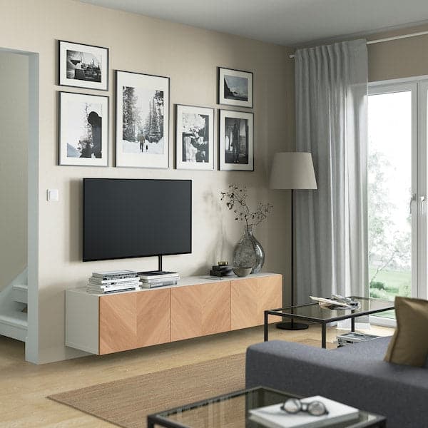 Ikea BESTÅ - TV bench with doors, white/Hedeviken oak veneer, 180x42x38 cm