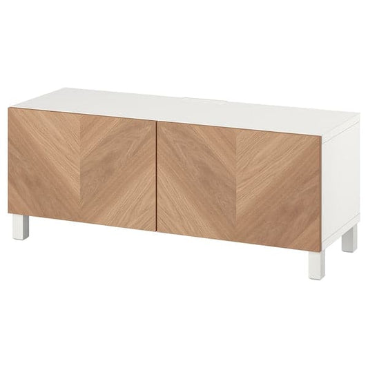 Ikea BESTÅ - TV bench with doors, white Hedeviken/Stubbarp/oak veneer, 120x42x48 cm