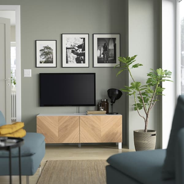 Ikea BESTÅ - TV bench with doors, white Hedeviken/Stubbarp/oak veneer, 120x42x48 cm