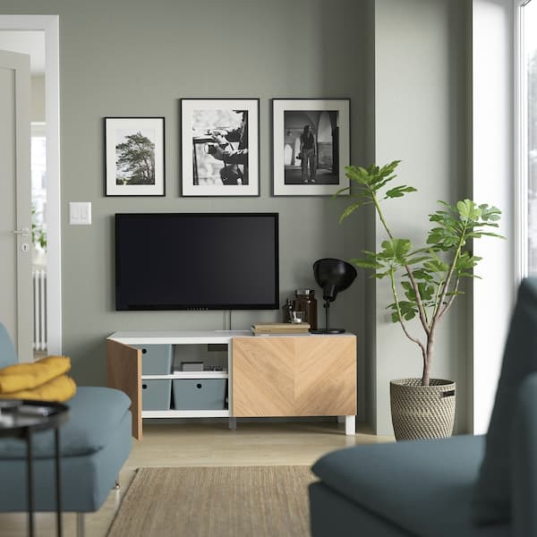Ikea BESTÅ - TV bench with doors, white Hedeviken/Stubbarp/oak veneer, 120x42x48 cm