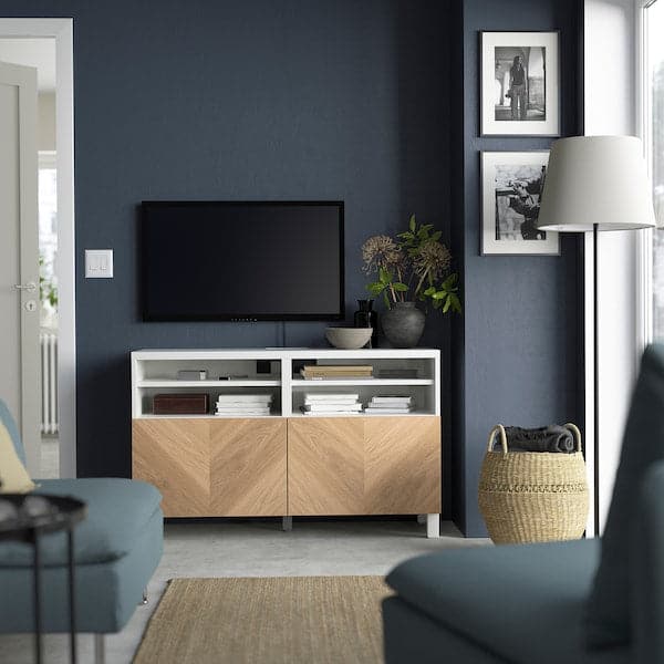 BESTÅ - TV bench with doors, white/Hedeviken/Stubbarp oak veneer, 120x42x74 cm - best price from Maltashopper.com 79420480