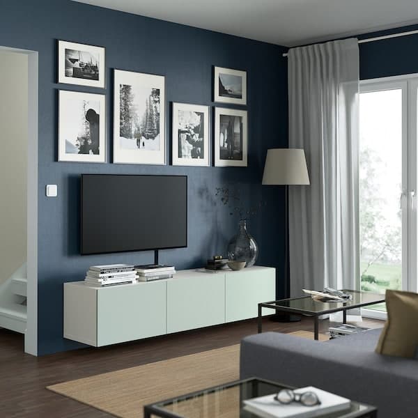 Ikea BESTÅ - TV bench with doors, white/Hjortviken pale grey-green, 180x42x38 cm
