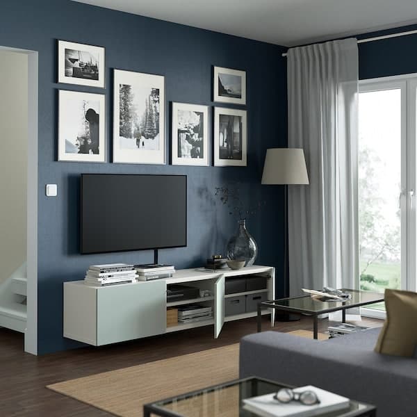 Ikea BESTÅ - TV bench with doors, white/Hjortviken pale grey-green, 180x42x38 cm