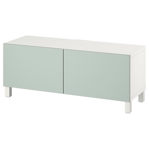 BESTÅ - TV bench with doors, white Hjortviken/Stubbarp/pale grey-green, 120x42x48 cm