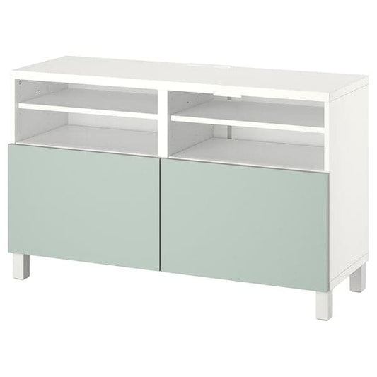 Ikea BESTÅ - TV bench with doors, white/Hjortviken/Stubbarp pale grey-green, 120x42x74 cm