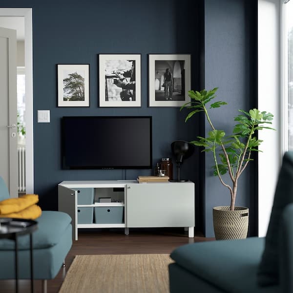 Ikea BESTÅ - TV bench with doors, white Hjortviken/Stubbarp/pale grey-green, 120x42x48 cm