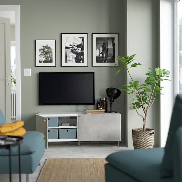 Ikea BESTÅ - TV bench with doors, white/Kallviken/Ösarp light grey, 120x42x48 cm