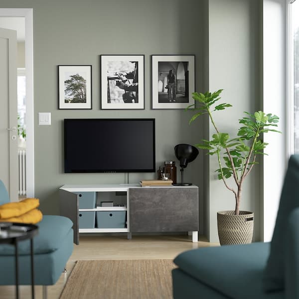 BESTÅ - TV bench with doors, white Kallviken/Stubbarp/dark grey, 120x42x48 cm - best price from Maltashopper.com 29419441