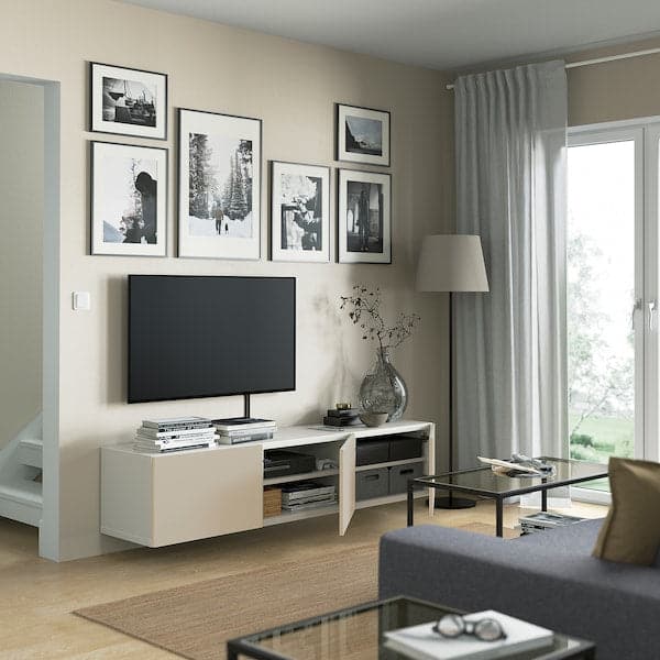 Ikea BESTÅ - TV bench with doors, white/Lappviken light grey/beige, 180x42x38 cm