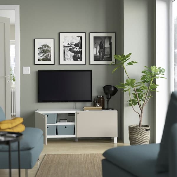 Ikea BESTÅ - TV bench with doors, white Lappviken/Stubbarp/light grey/beige, 120x42x48 cm
