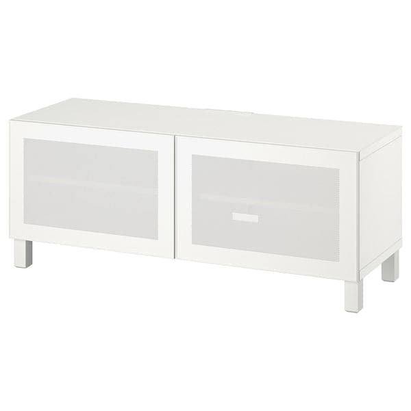 BESTÅ - TV bench with doors, white/Mörtviken/Stubbarp white, 120x42x48 cm