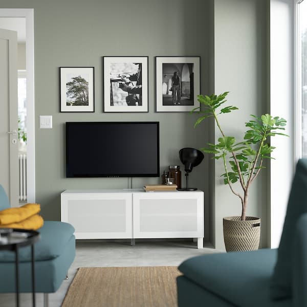 BESTÅ - TV bench with doors, white/Mörtviken/Stubbarp white, 120x42x48 cm - best price from Maltashopper.com 79417840