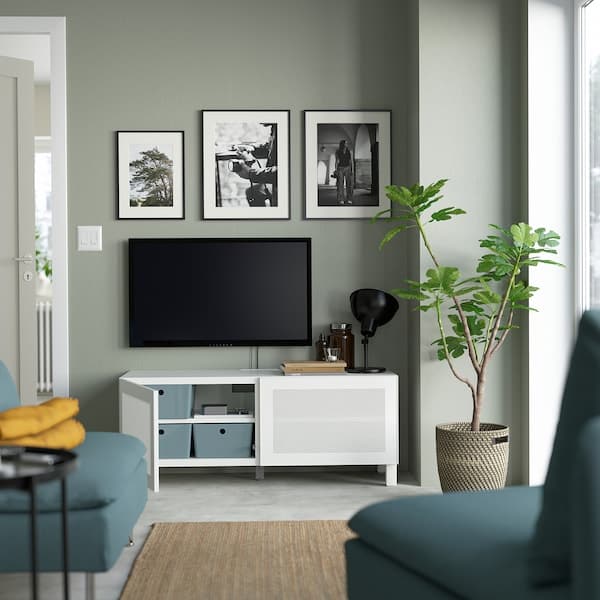 BESTÅ - TV bench with doors, white/Mörtviken/Stubbarp white, 120x42x48 cm - best price from Maltashopper.com 79417840