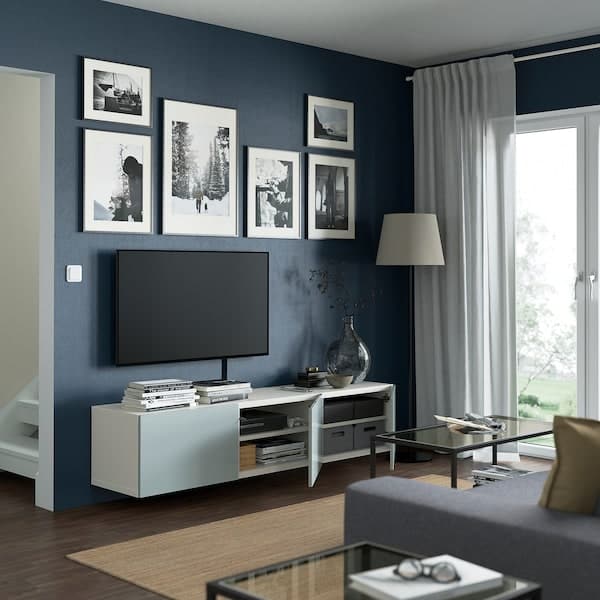 Ikea BESTÅ - TV bench with doors, white/Selsviken light grey-blue, 180x42x38 cm