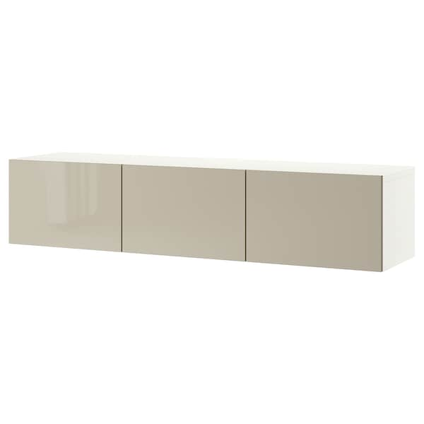 BESTÅ Mobile TV with doors - white/Selsviken glossy/beige 180x42x38 cm