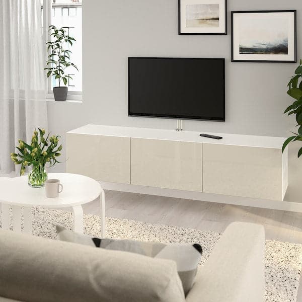 BESTÅ Mobile TV with doors - white/Selsviken glossy/beige 180x42x38 cm - best price from Maltashopper.com 59330701