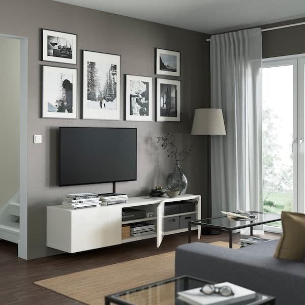 BESTÅ - TV bench with doors, white/Selsviken high-gloss/white, 180x42x38 cm - best price from Maltashopper.com 19330703