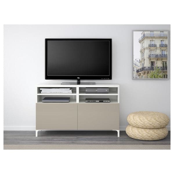 BESTÅ Mobile TV with doors - white/Selsviken/Glossy/beige Nannarp 120x42x74 cm , 120x42x74 cm - best price from Maltashopper.com 99067807