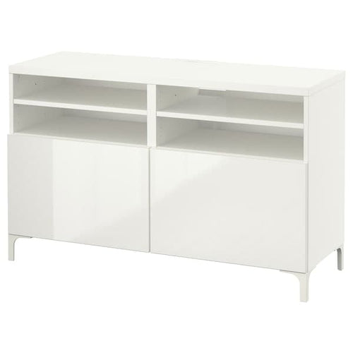 BESTÅ - TV bench with doors, white/Selsviken/Nannarp high-gloss/white, 120x42x74 cm