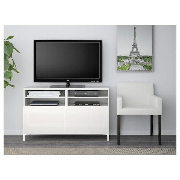 Ikea BESTÅ - TV bench with doors, white/Selsviken/Nannarp high-gloss/white, 120x42x74 cm
