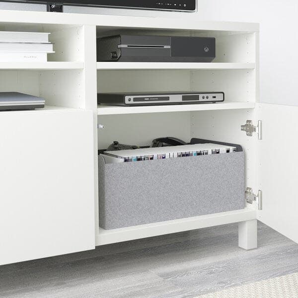 BESTÅ - TV bench with doors, white/Selsviken/Stubbarp light grey-blue, 120x42x74 cm - best price from Maltashopper.com 29420500